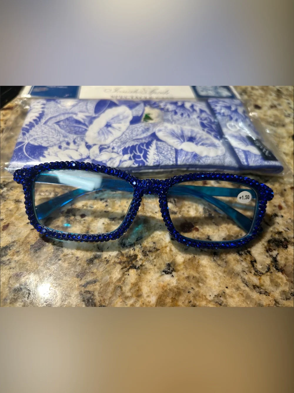 Dark Blue Bling 💍 Sparkling ✨ 1.50 Reading Glasses with Floral Microfiber Pouch